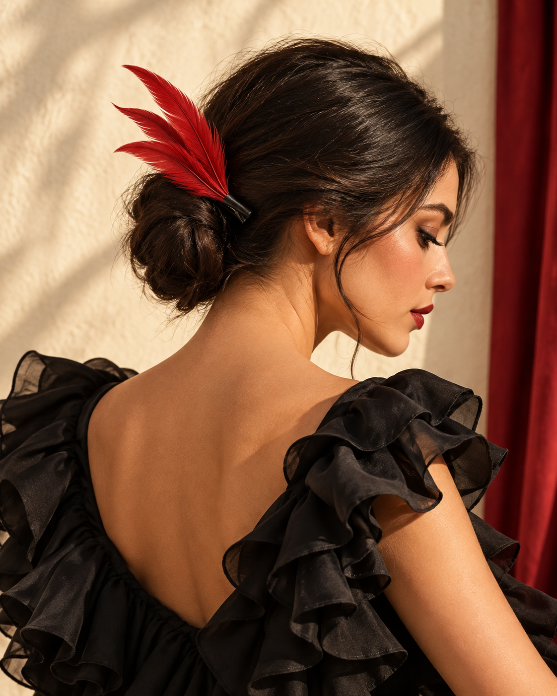 Scarlet feather accessory styled in hair